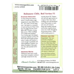 Renee's Garden Pepper Chile Red Savina Habanero -Flourish Seeds snv4167 back